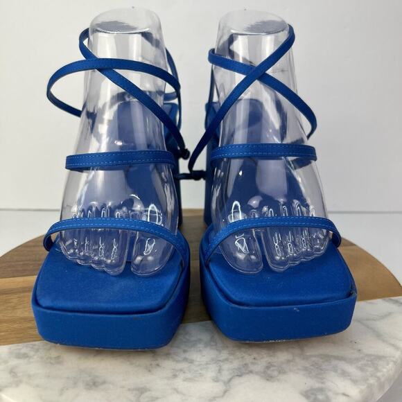 EUC Zara EU 39/US 8.5 Blue Strappy Retro Chunky Platform Heel Square Toe Sandals - Picture 10 of 14